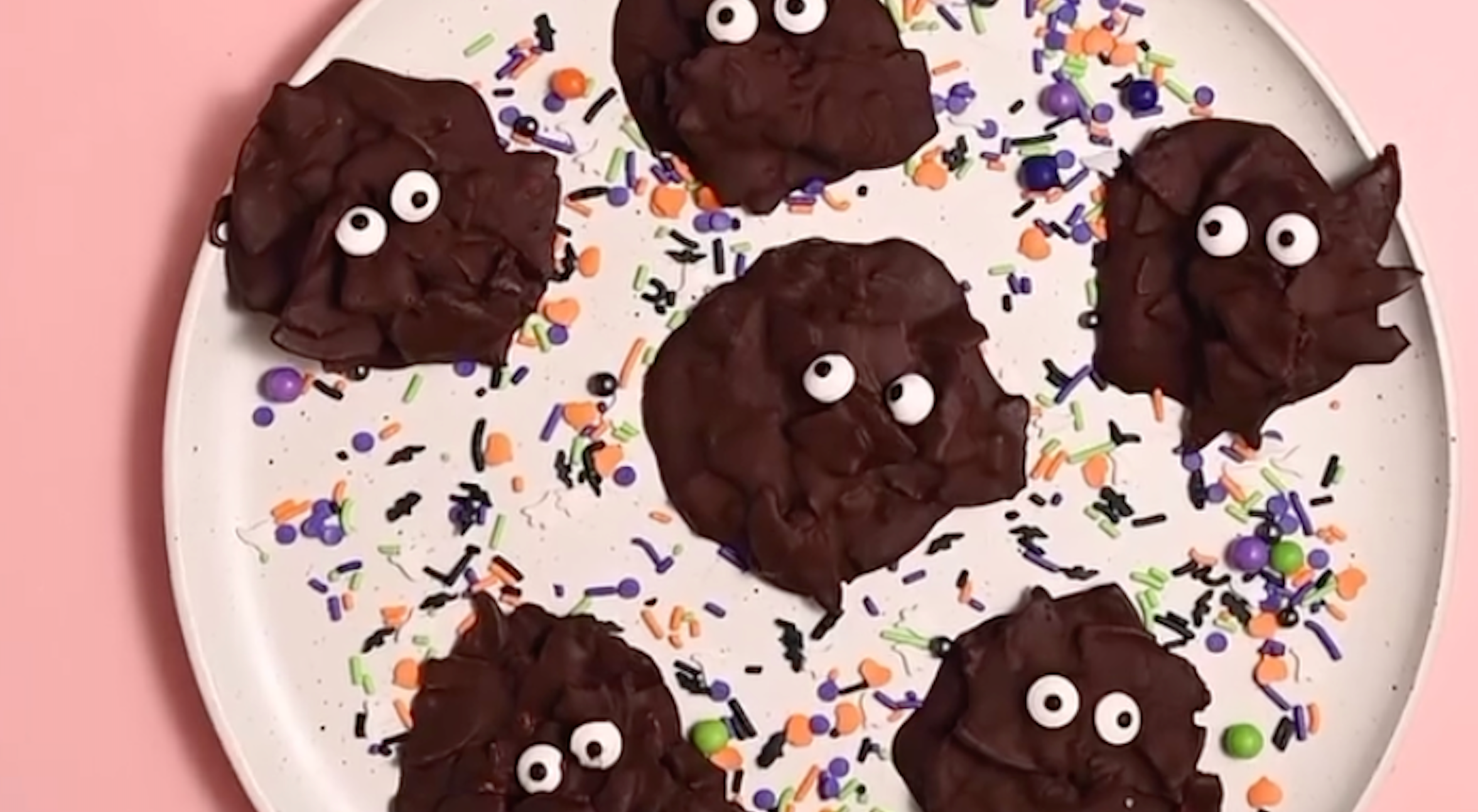 Kibo chocolate-covered Halloween Haystacks snack with googly eyes on a plate 