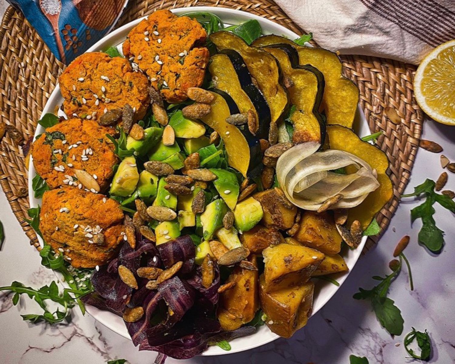 Sweet potato lentil chip falafel bowl